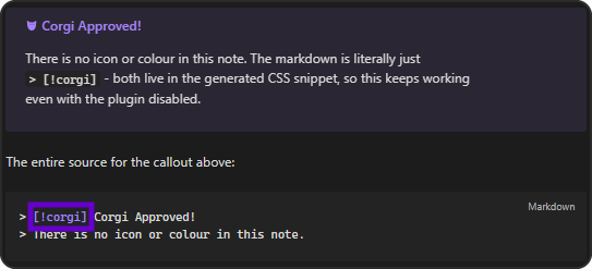 A saved custom callout type, dark theme