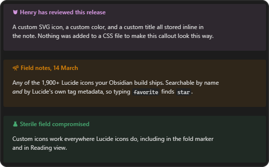 Callouts with custom icons, colors, and titles, dark theme
