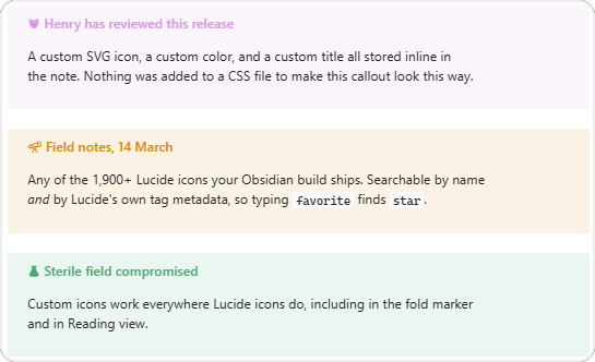 Callouts with custom icons, colors, and titles, light theme