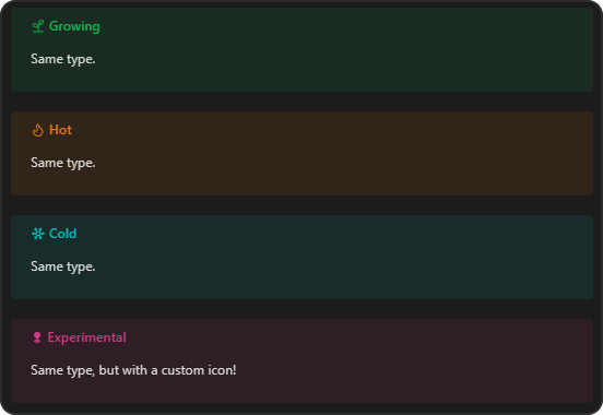 Four note callouts with different icons and colors, dark theme
