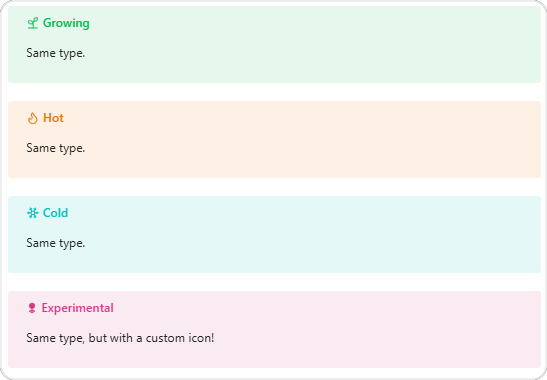 Four note callouts with different icons and colors, light theme