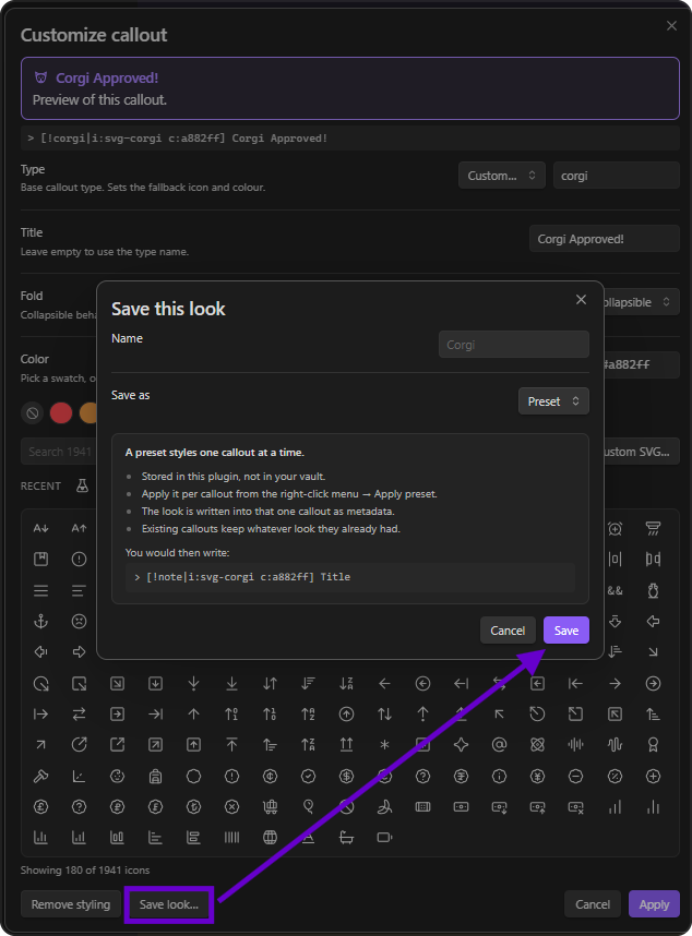 Save look dialog explaining preset versus callout type, dark theme