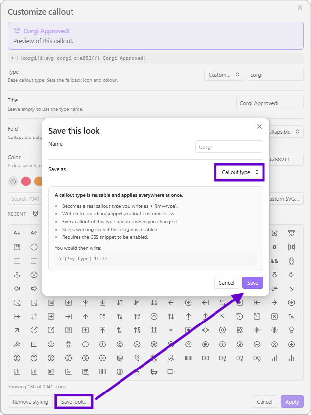 Save look dialog explaining preset versus callout type, light theme