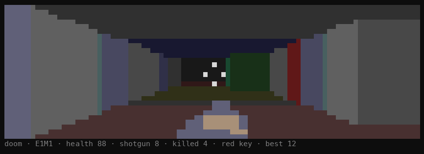Walking down a corridor on E1M1, shooting an imp with the shotgun, then touching the exit switch and arriving on E1M2