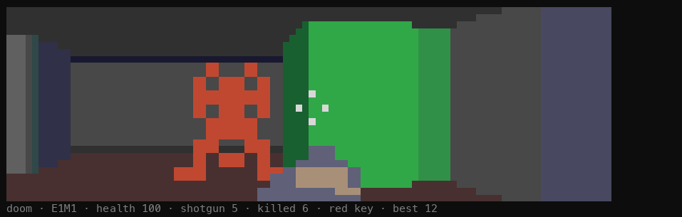 Standing in the doorway of E1M1's exit room: an imp on the left, the green exit switch ahead, the shotgun at the bottom of the view