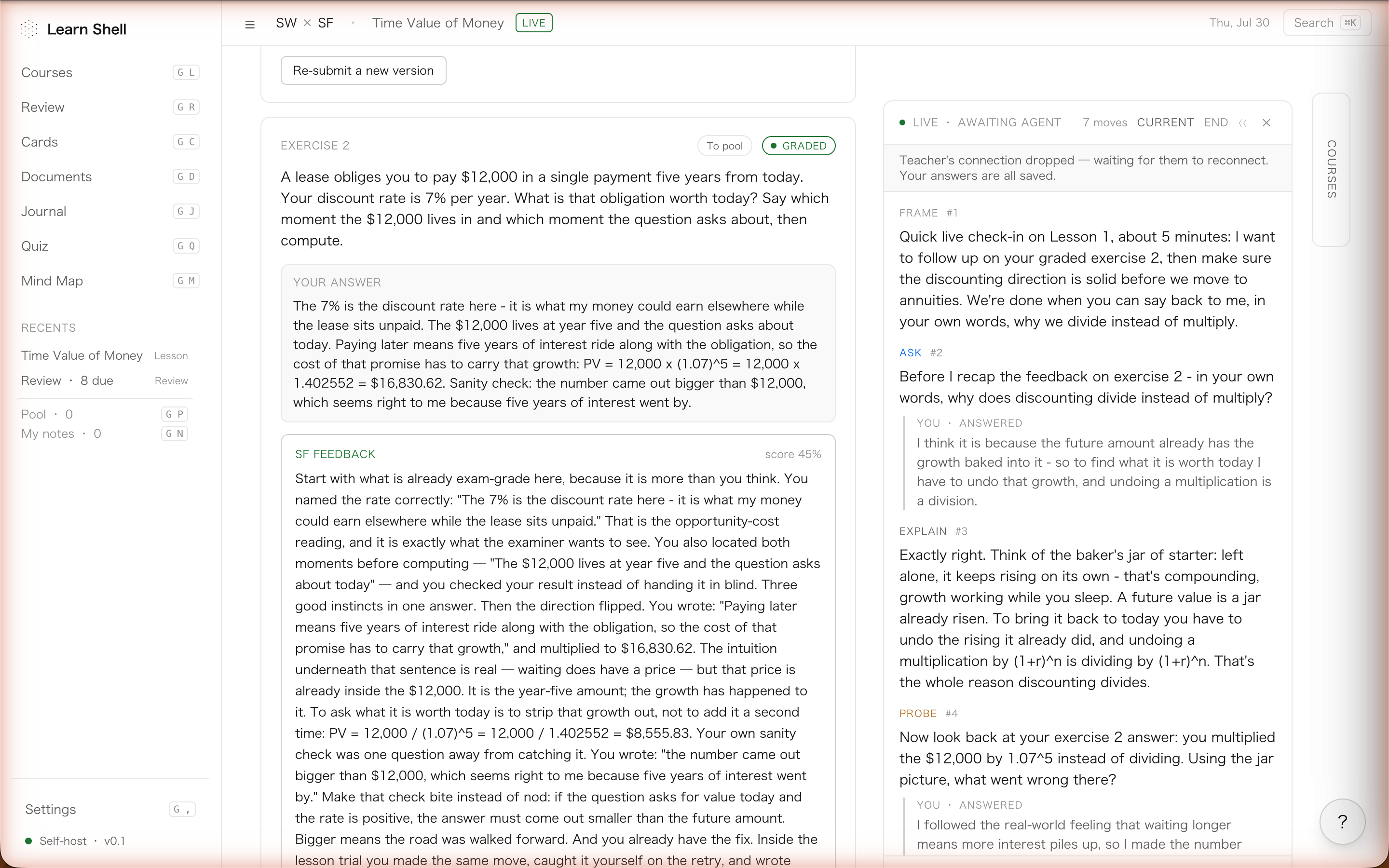 Lesson page: a graded exercise where the teacher's feedback quotes the learner's own answer verbatim and corrects a compounding/discounting mix-up
