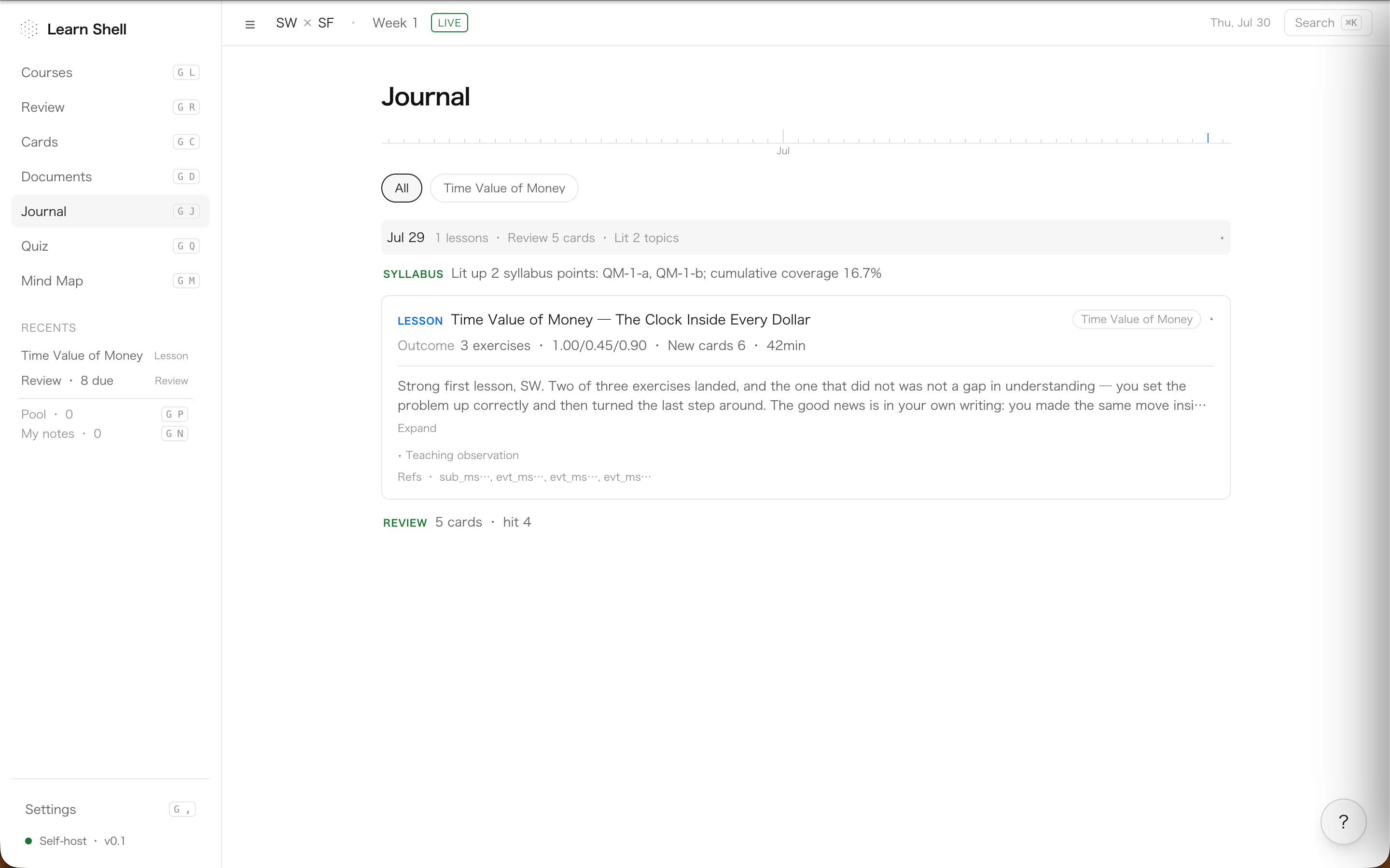 Journal page: a timeline of lessons, reviews and live sessions reading like a learning biography