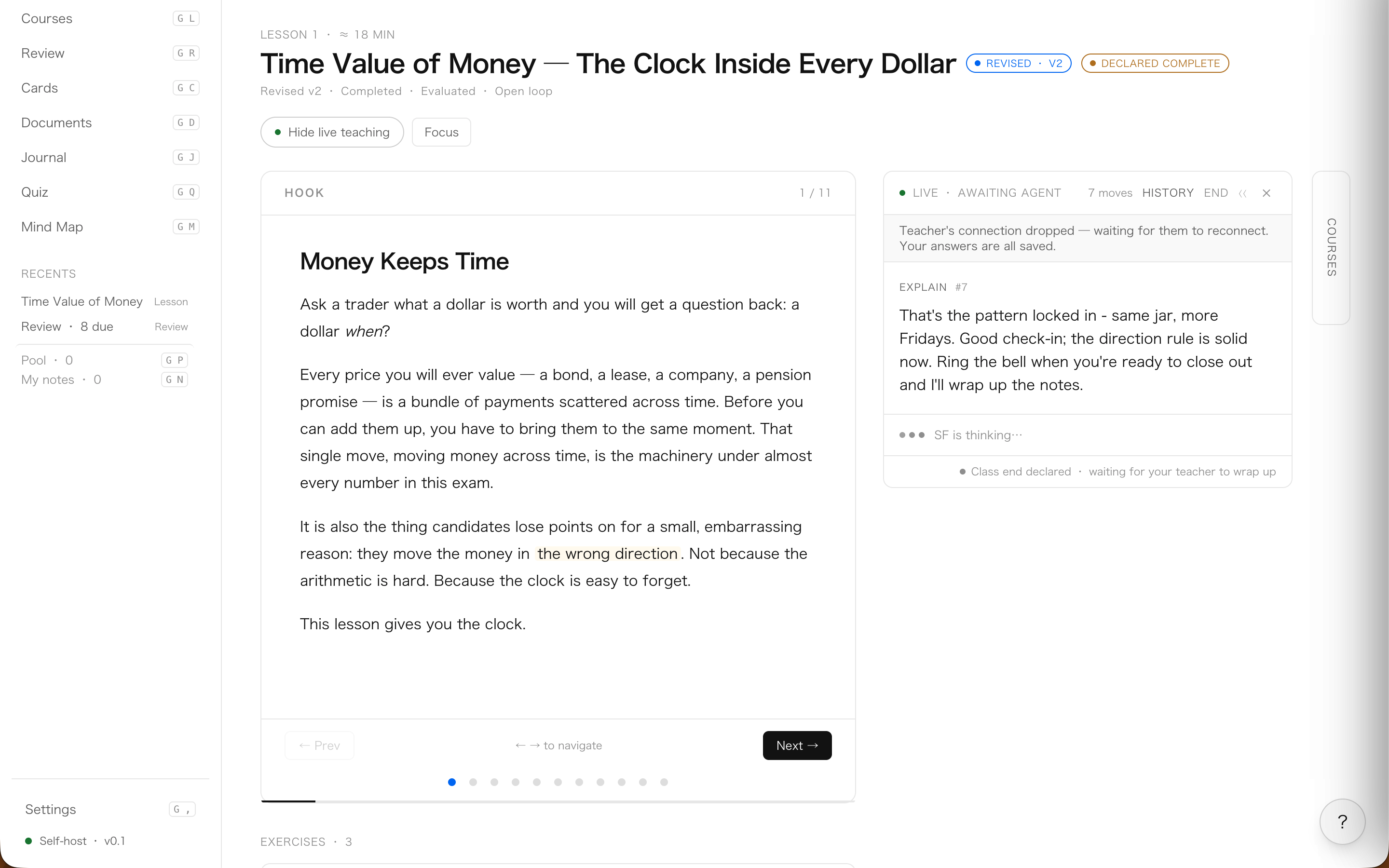 Lesson page with the Live Teaching panel open: a real-time turn-based session beside the course text