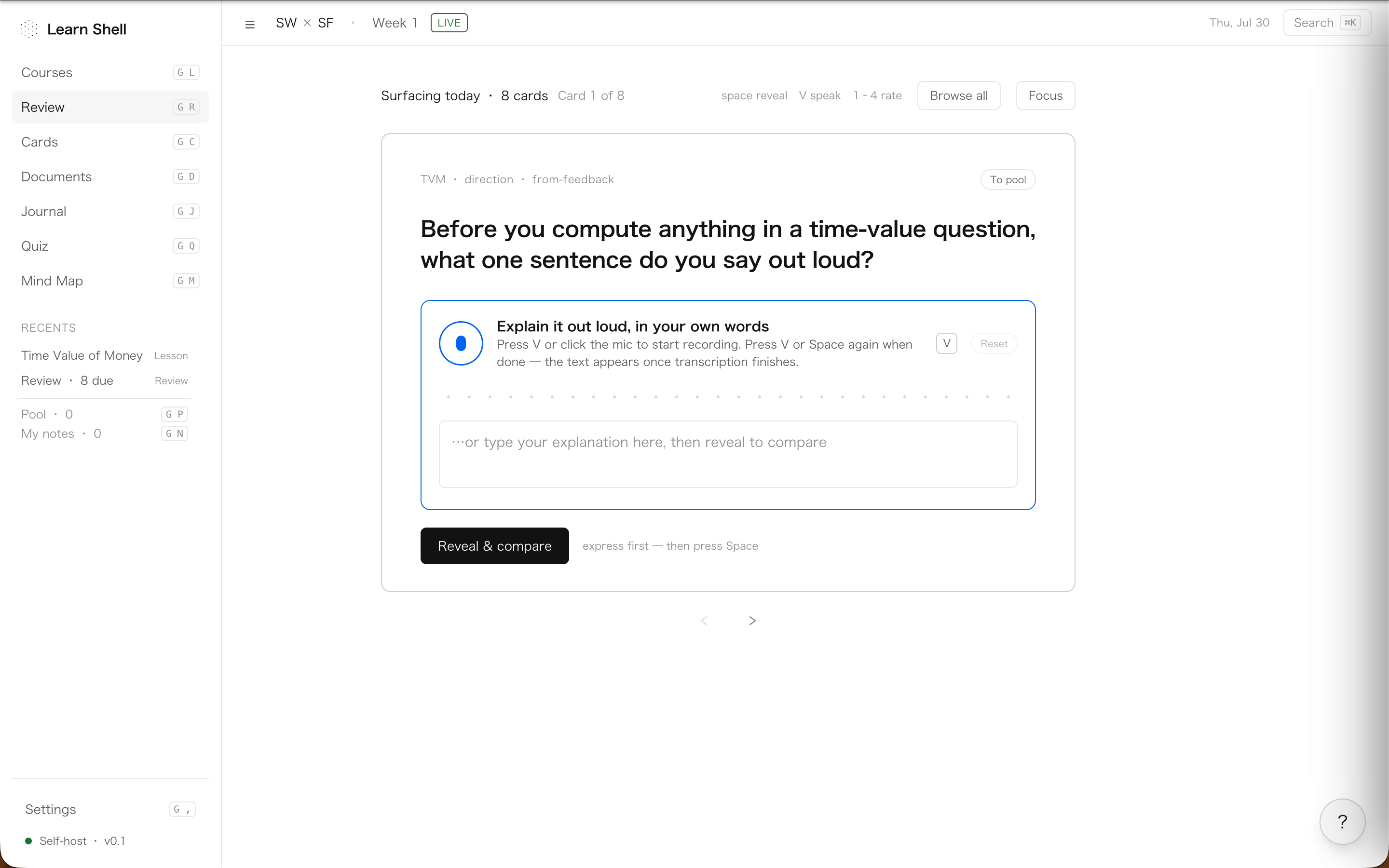 Review page: an FSRS-scheduled flashcard mid-review with the due count visible