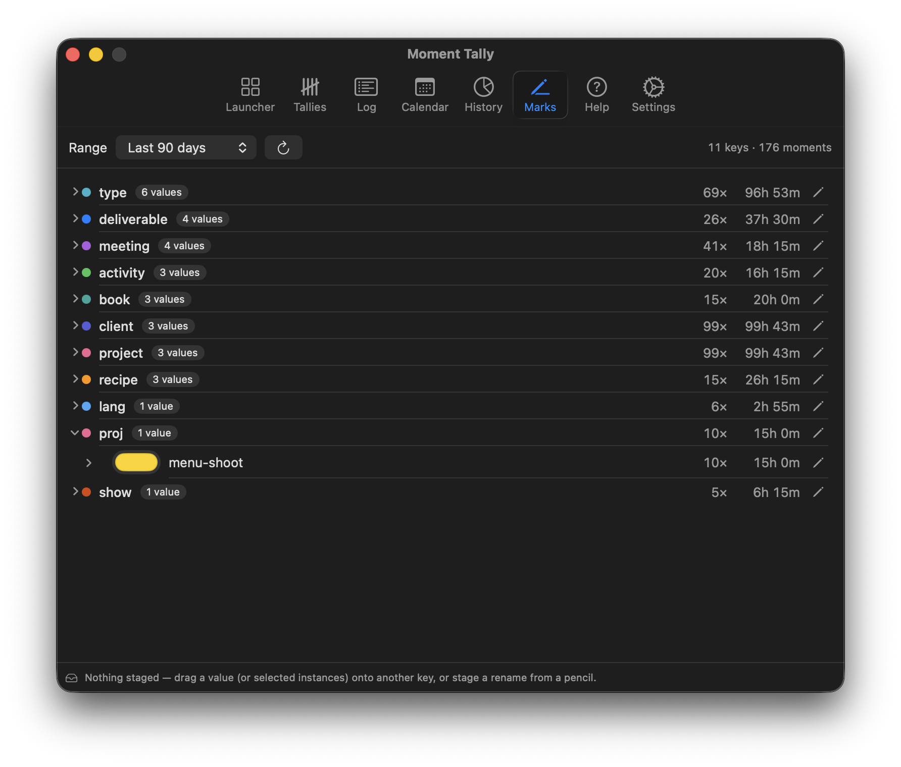 Label Review listing label keys with usage counts and total time