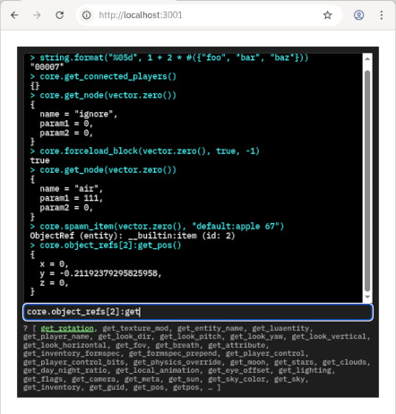 Screenshot of sfan5/luanti-developerconsole mod