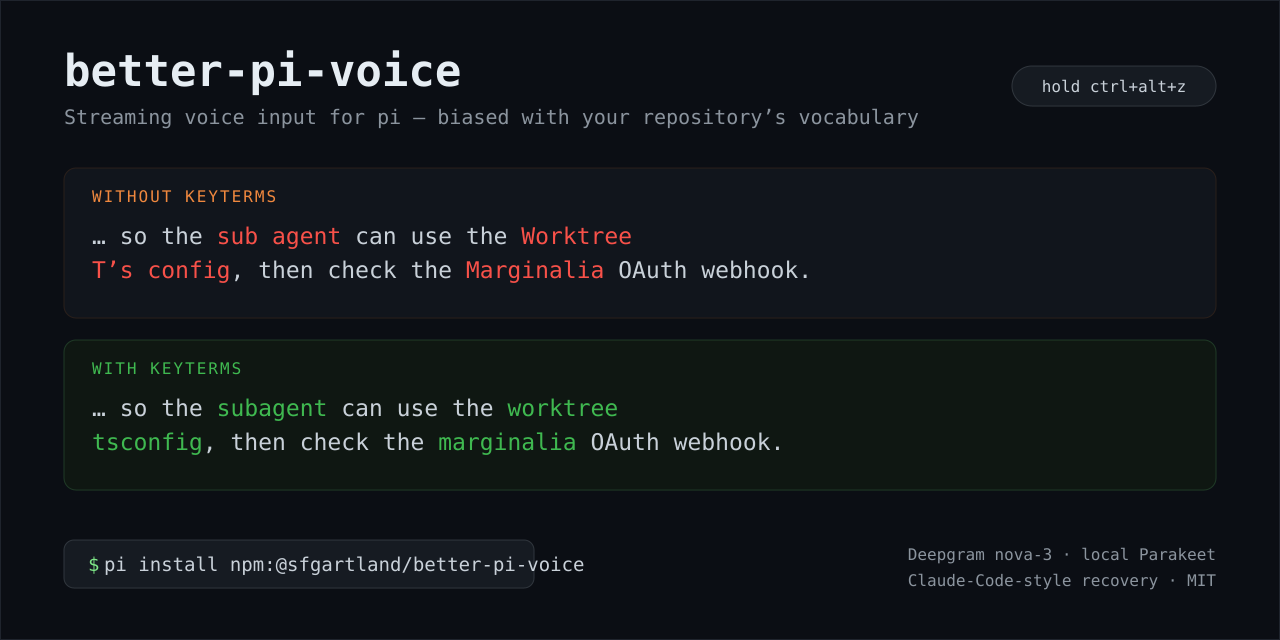 the same sentence transcribed without keyterms (sub agent, Worktree T's config) and with them (subagent, worktree tsconfig)