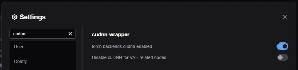 ComfyUI Settings showing cuDNN toggle