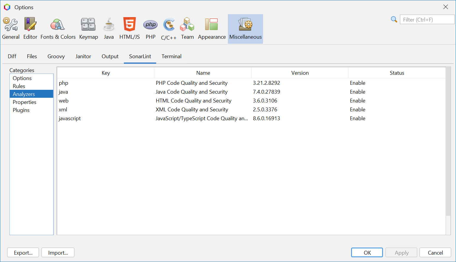OptionsSonarLintAnalyzers