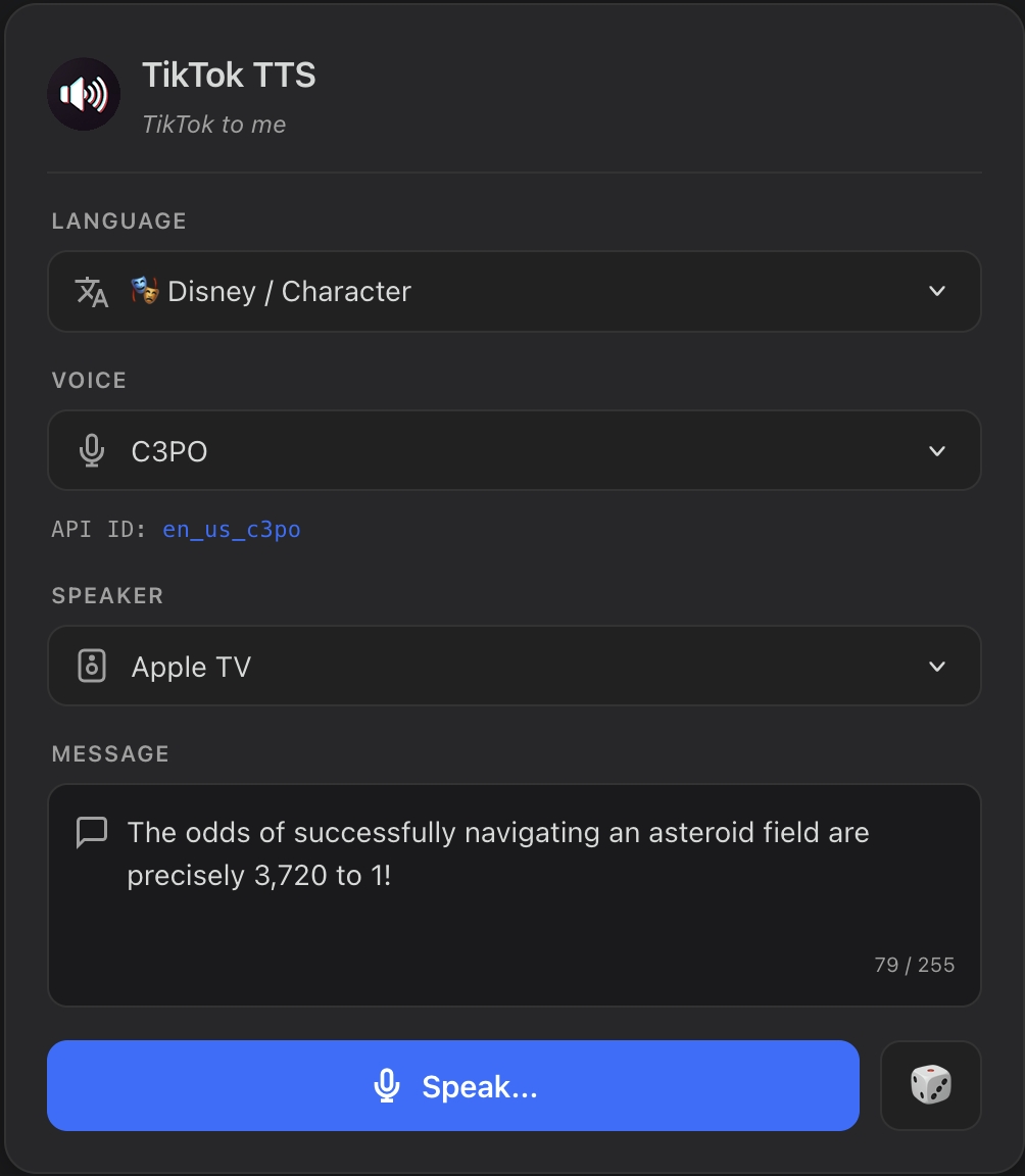 TikTok TTS dashboard card