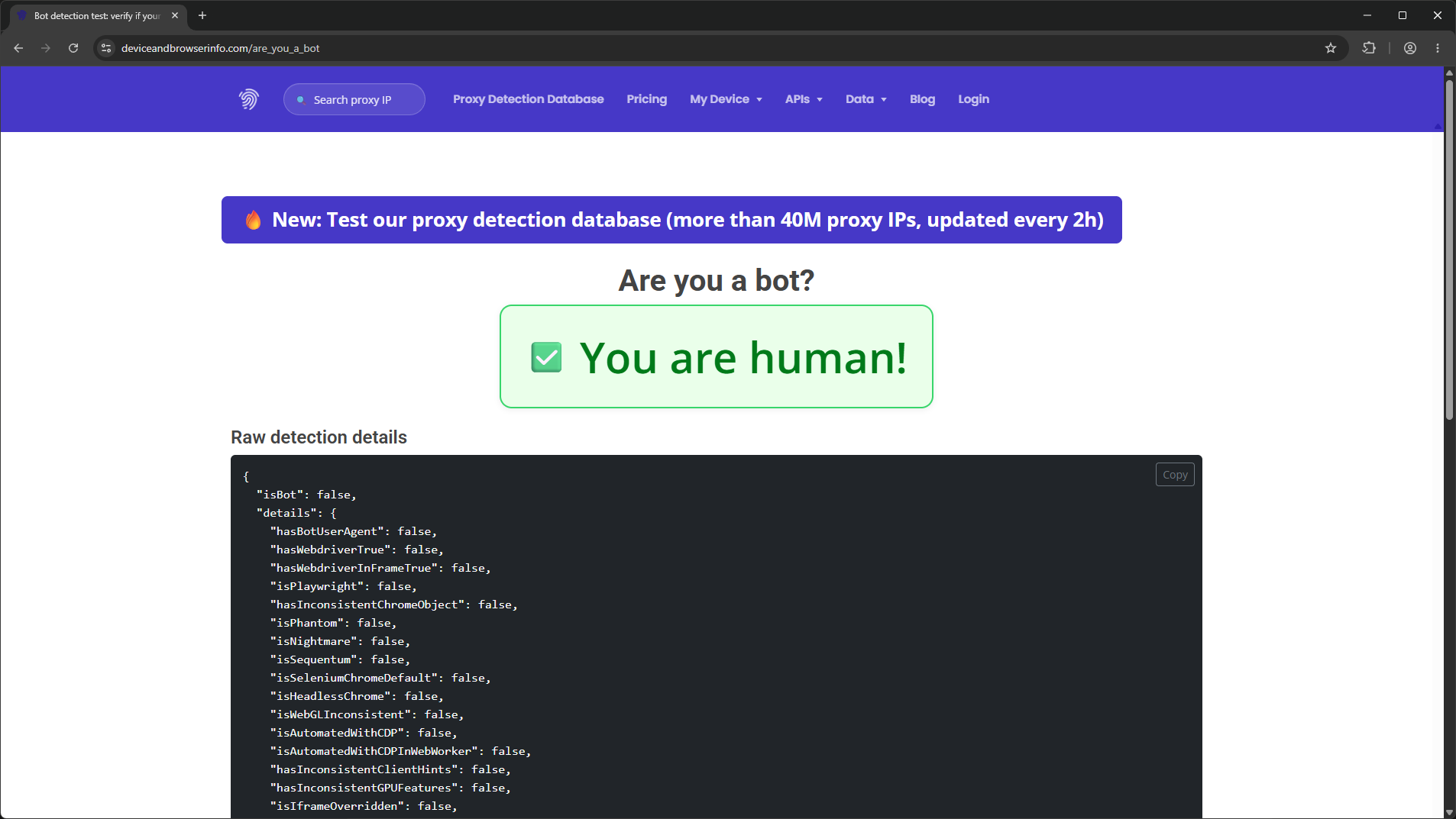 WonderBrowser passing deviceandbrowserinfo.com — verdict: 'You are human!'