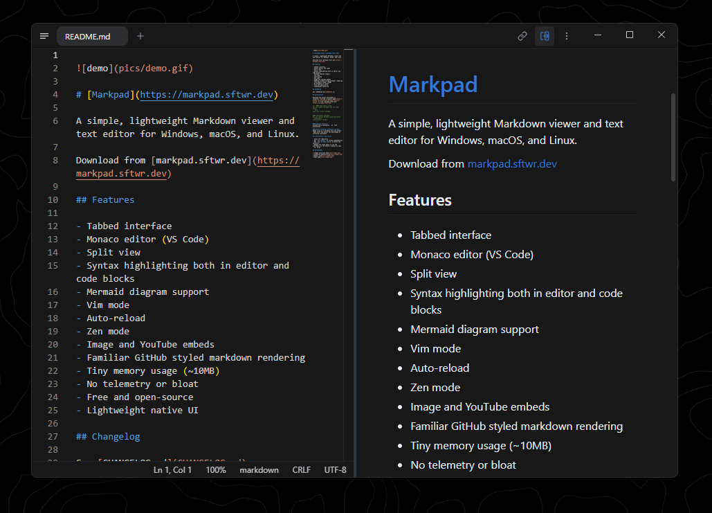 Markpad desktop app showing Markdown source and rendered preview in split view
