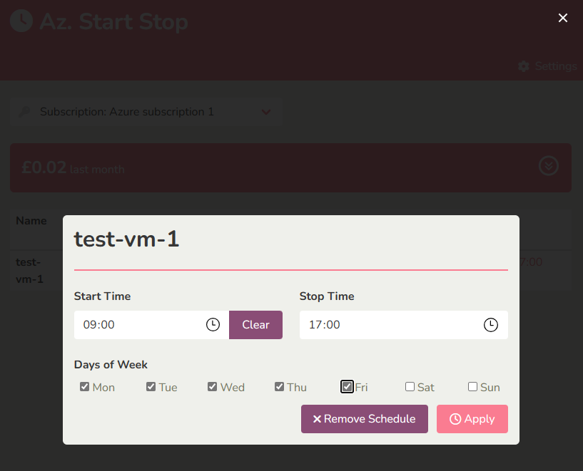 Example image of Azure Start Stop User Interface