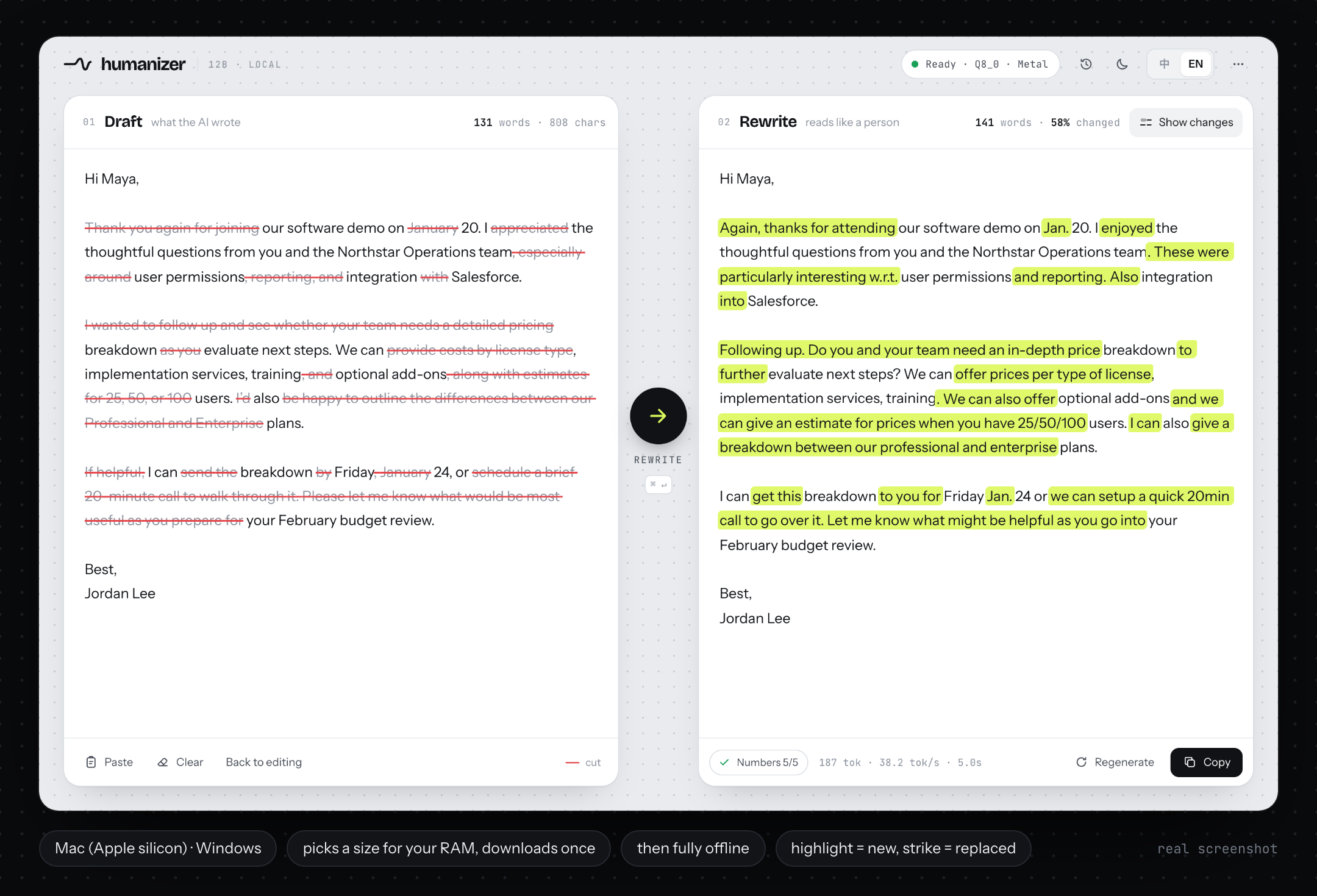 The humanizer app: draft on the left, rewrite on the right