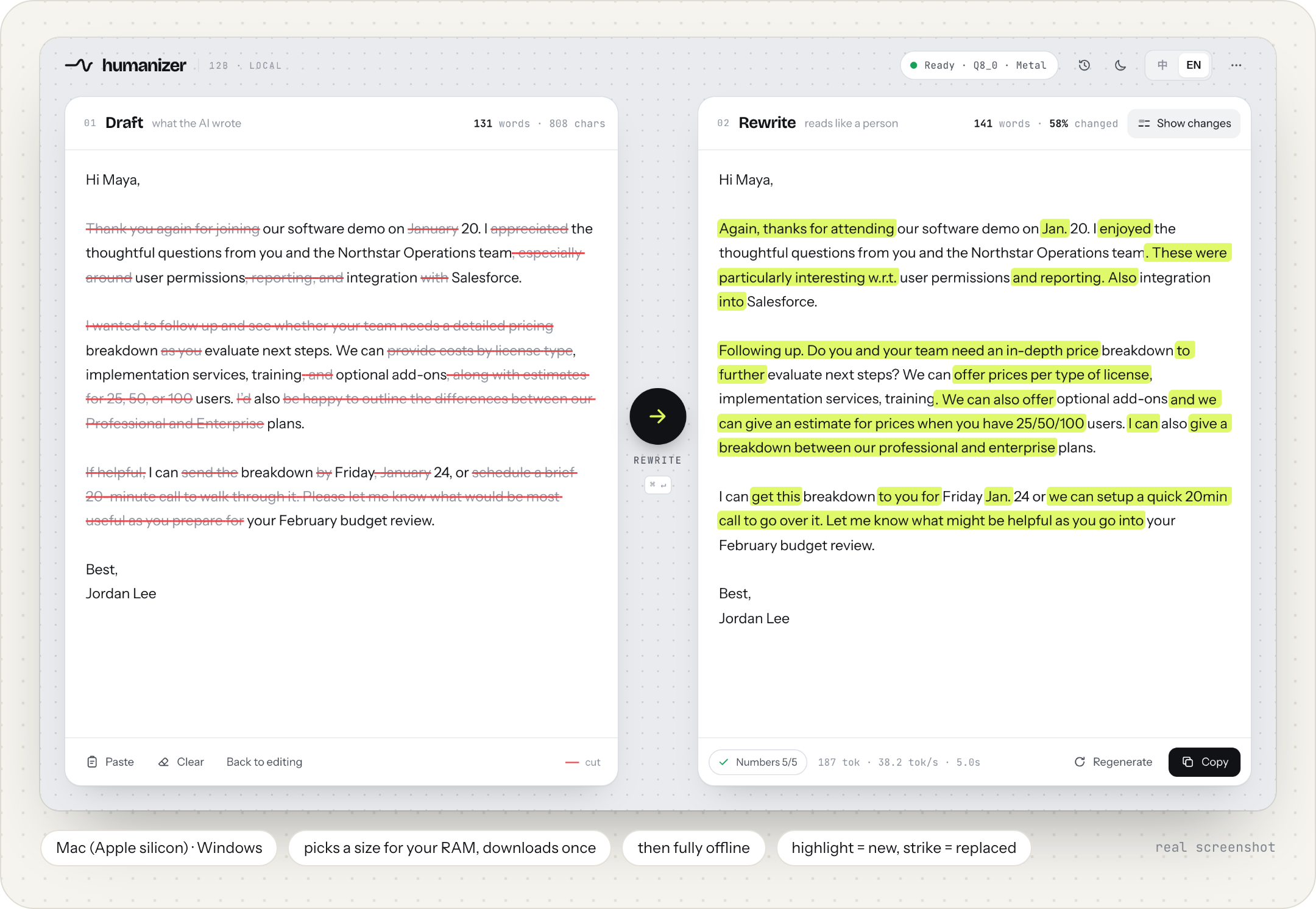 The humanizer app: draft on the left, rewrite on the right