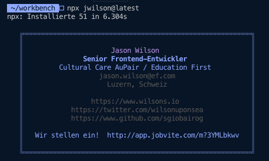 Screen capture of the business card output by the npx jwilson command in NPM