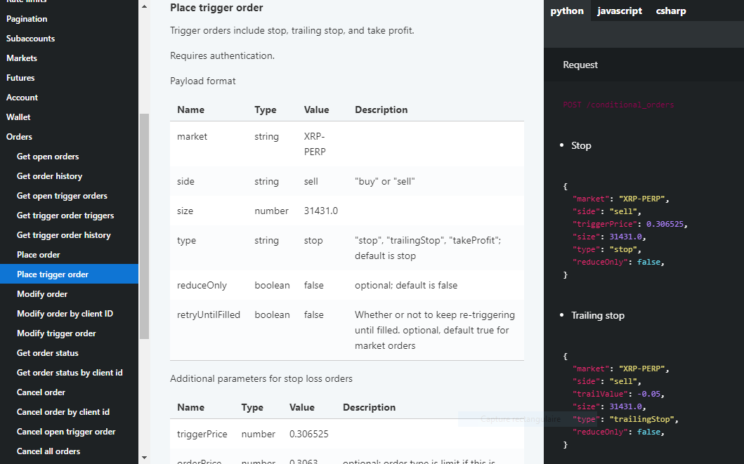 FTX API Documentation StopLoss