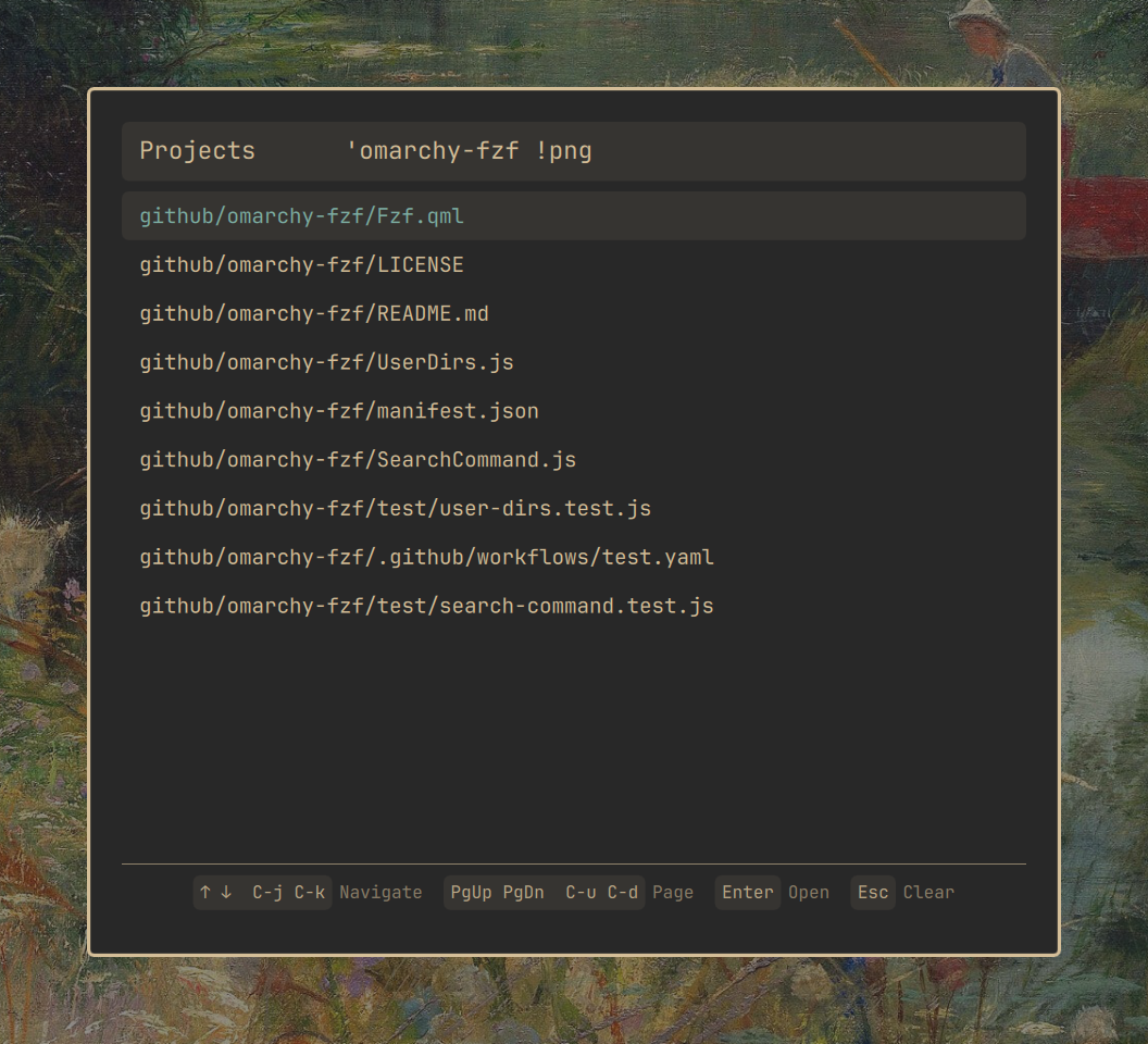 fzf overlay showing fuzzy-ranked files and keyboard shortcuts