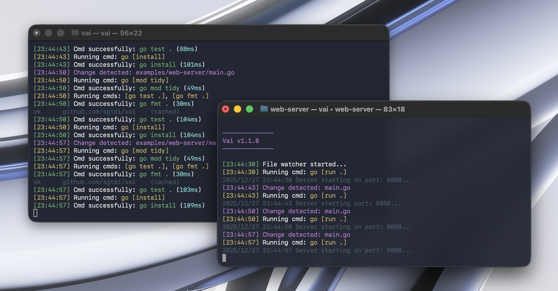 vai golang hot reload terminal interface