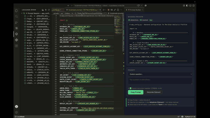 Prompt Builder — mask any file, copy to AI, rehydrate