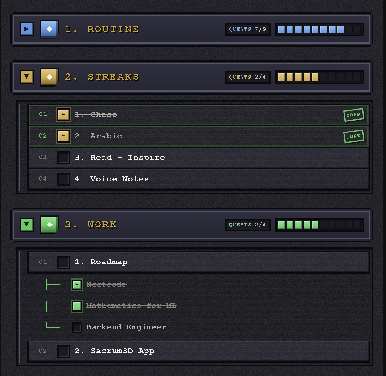 The Pixel Habits checklist: collapsible, colour-coded sections of habits with pixel checkboxes