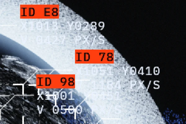 A 240×160 region of MATTER at 30 s enlarged four times: the live ID tags, every pixel a block