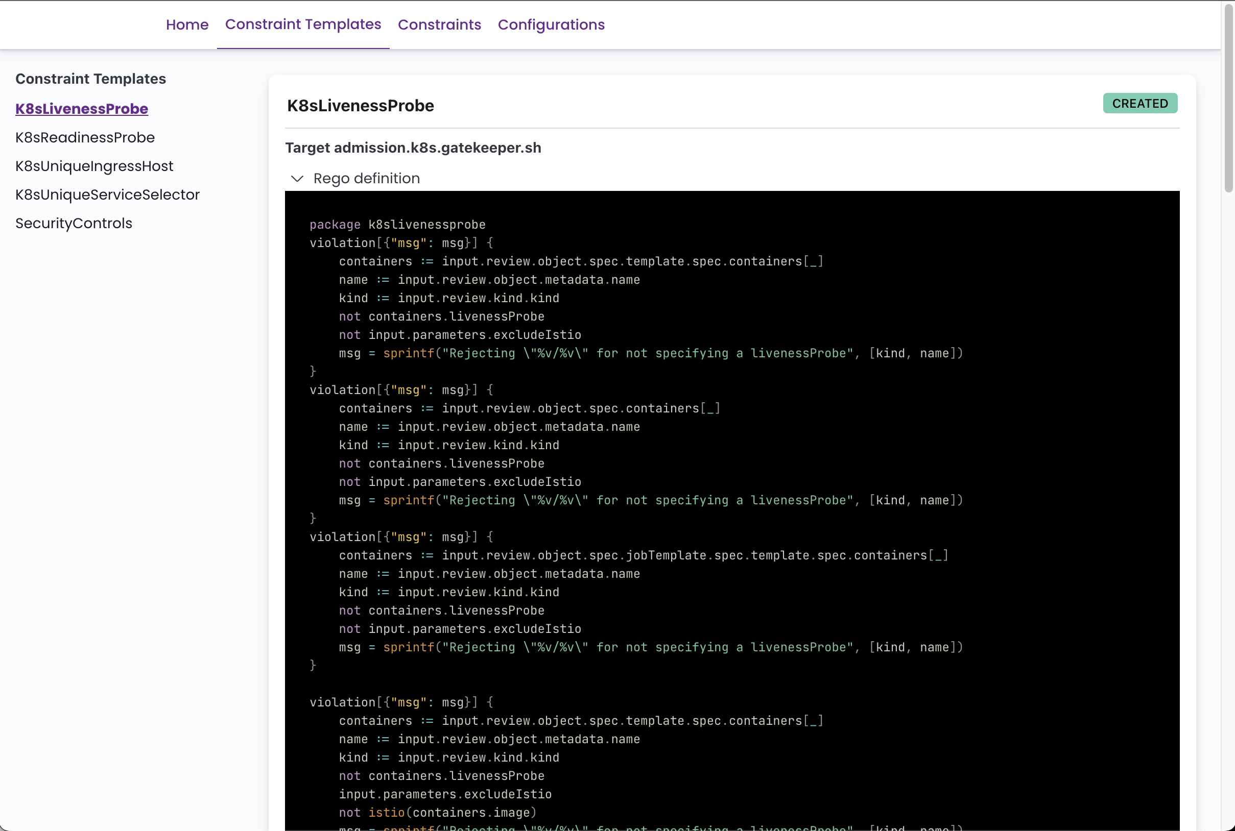 Constraint Templates view rego code