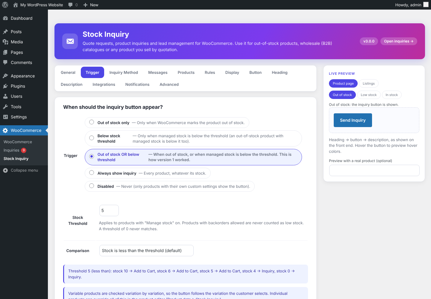 Stock Inquiry settings