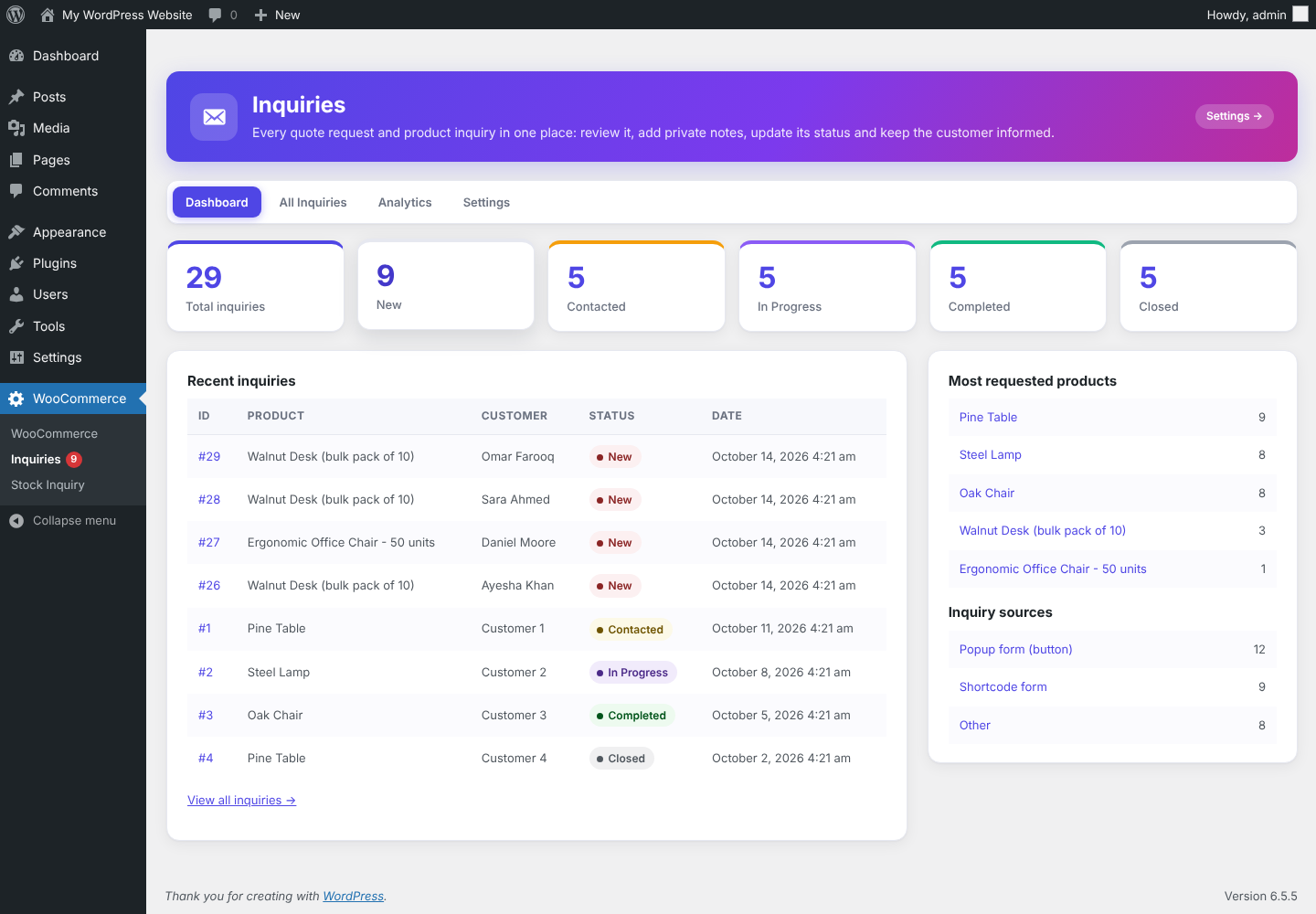 Inquiries dashboard