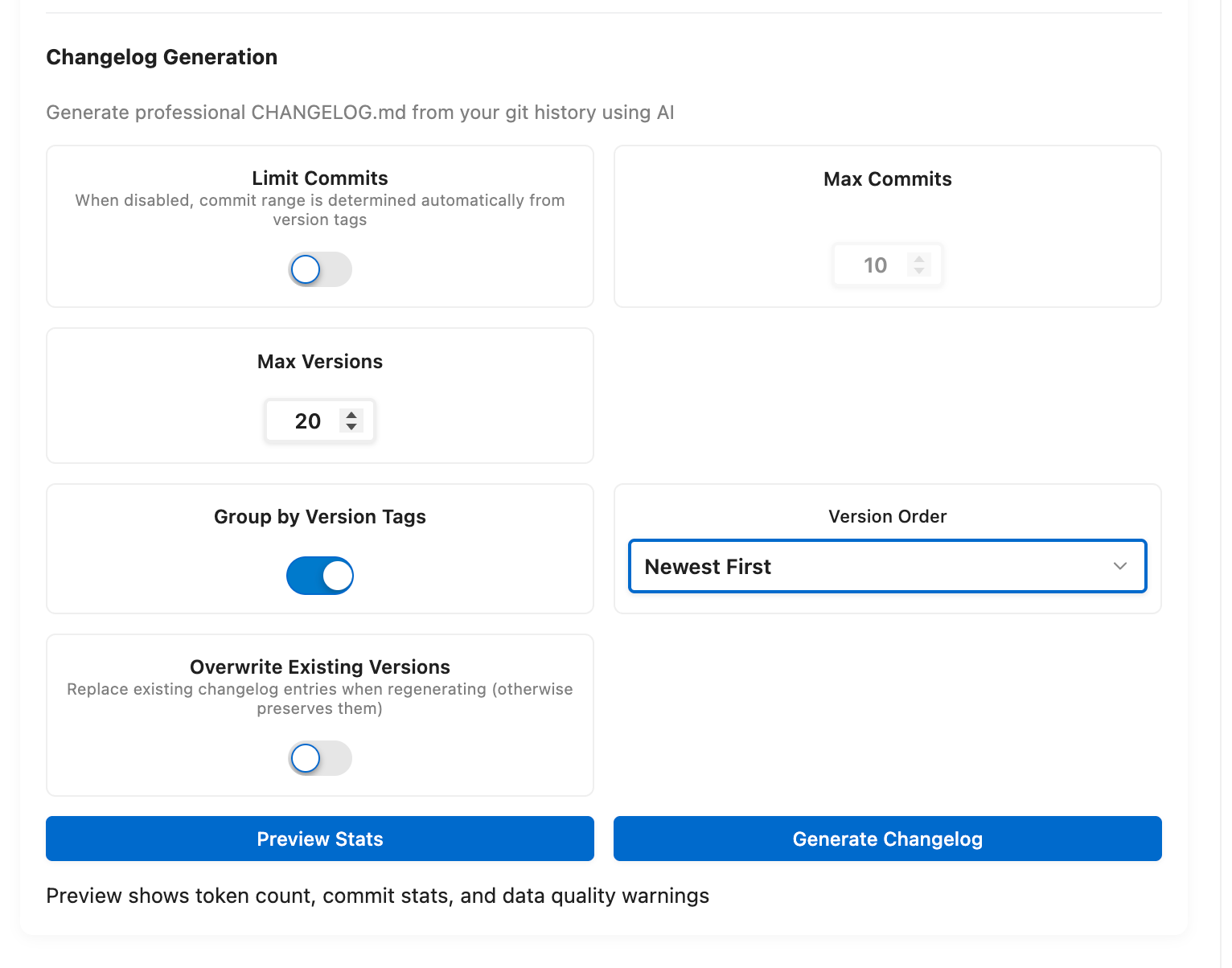 GitMind AI changelog generation settings