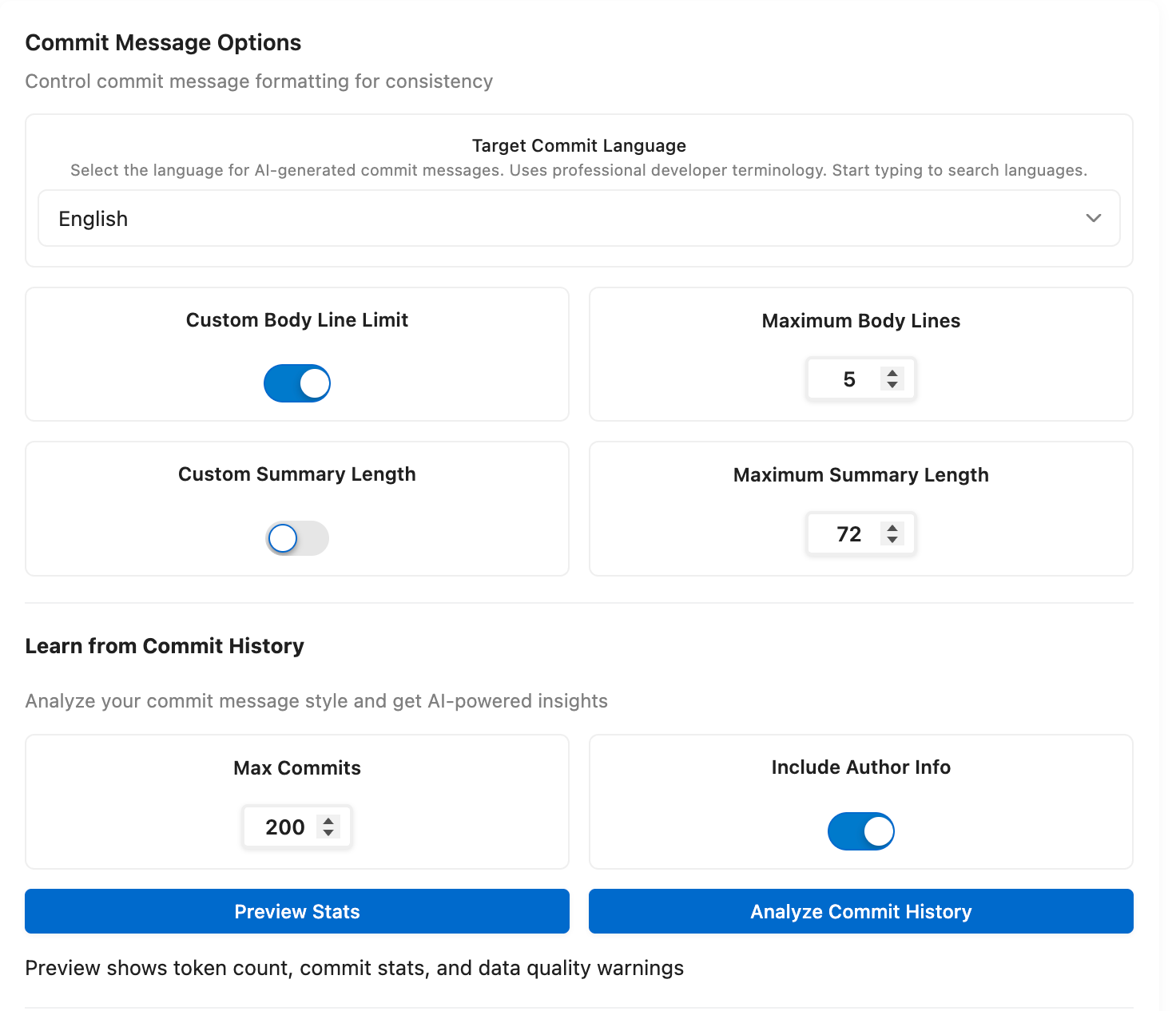 GitMind target commit language and commit history learning settings