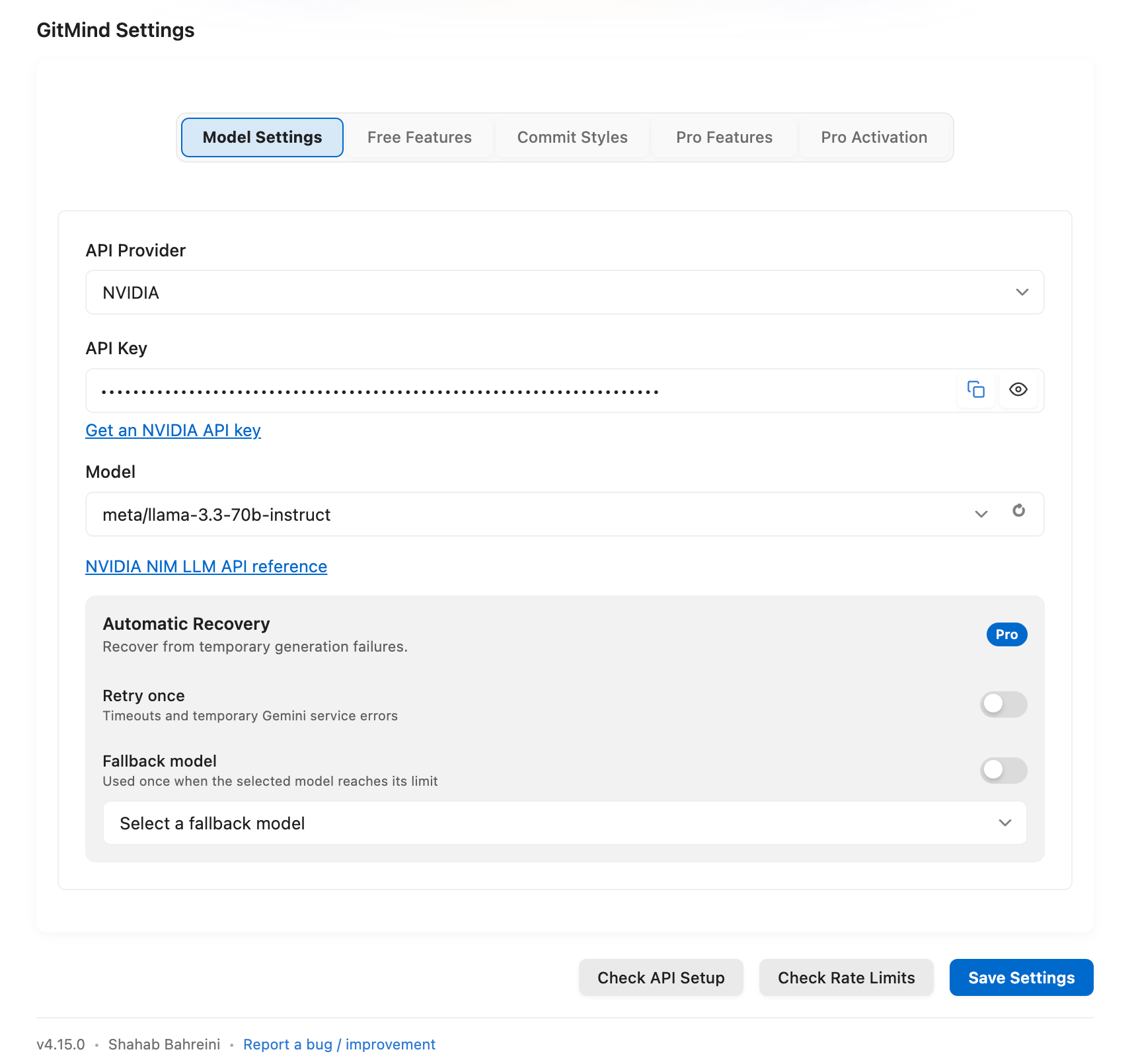 NVIDIA model settings and GitMind Pro Automatic Recovery