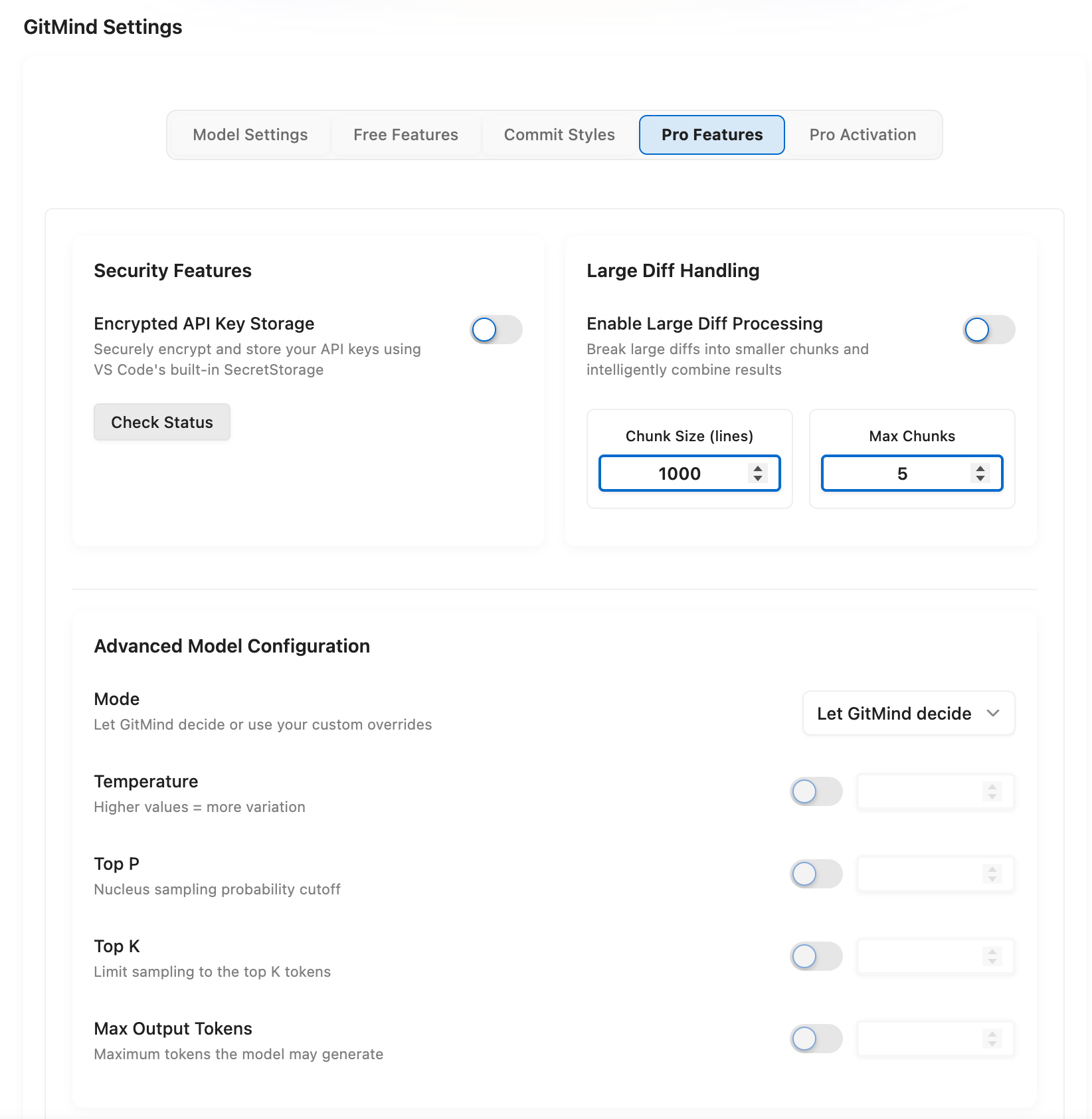 GitMind Pro encrypted key storage, large diff handling, and advanced model configuration