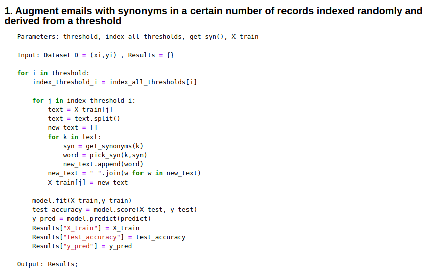 Algorithm 2-1 : Augment emails with synonyms in a certain number of records indexed randomly and derived from a threshold