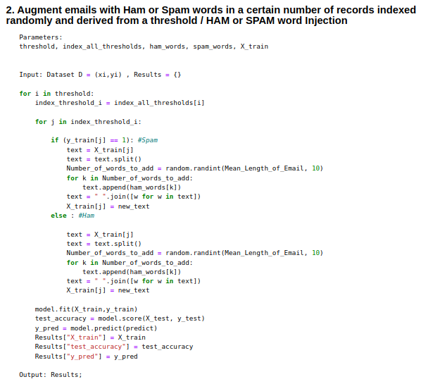 Algorithm 2-2 : Augment emails with Ham or Spam words in a certain number of records indexed randomly and derived from a threshold / HAM or SPAM word Injection