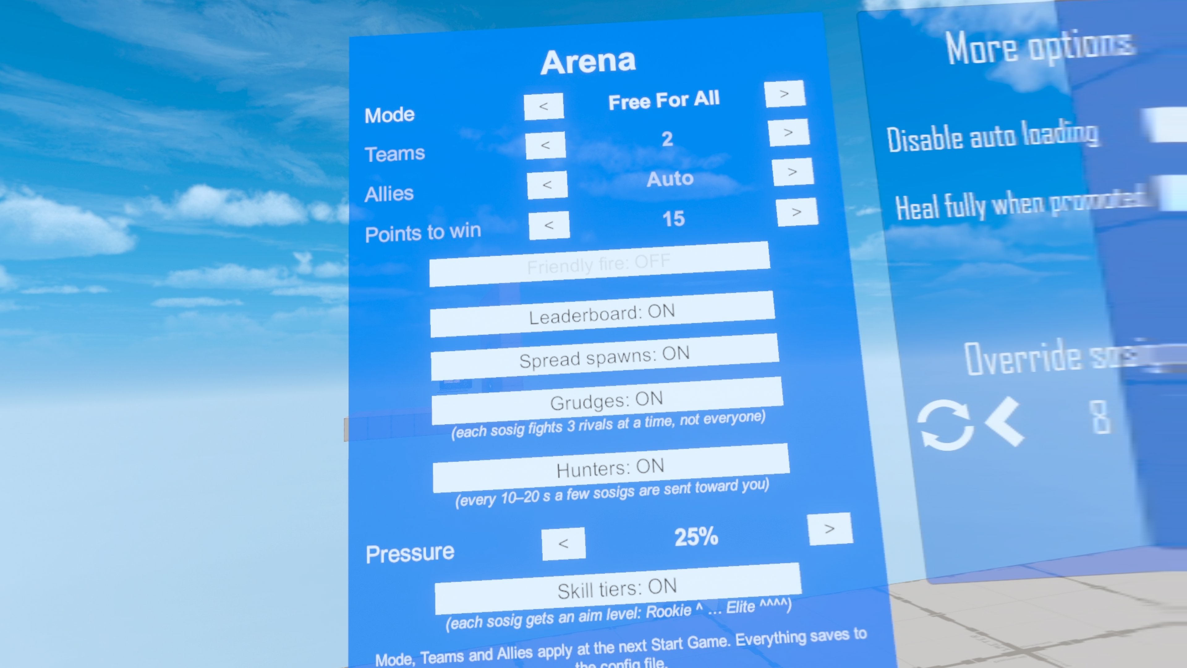 In-map Arena panel — every option is a laser-pointer click away