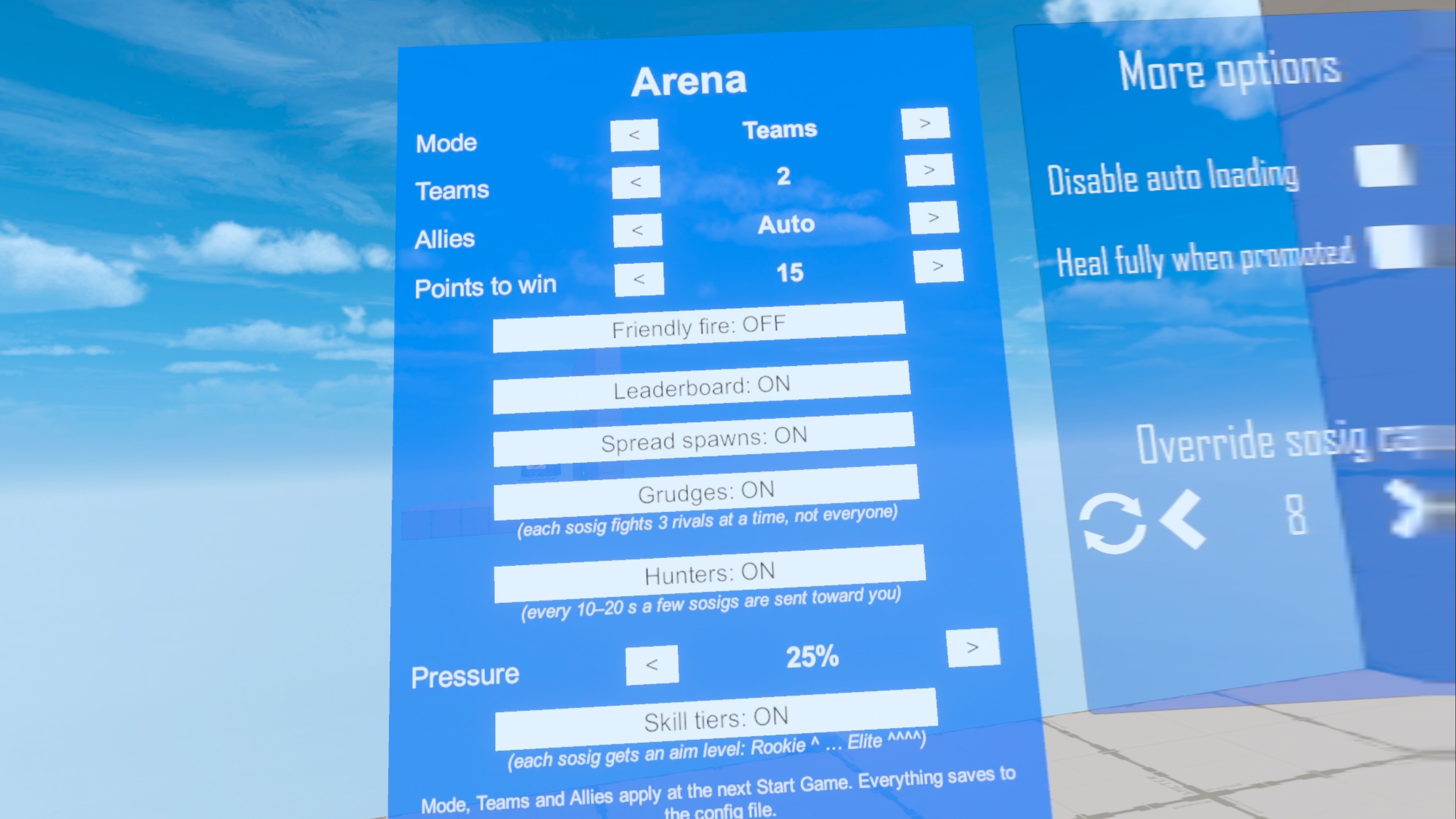 In-map Arena panel in Team Deathmatch — Points to win and Friendly fire rows live, beside GunGame's own board