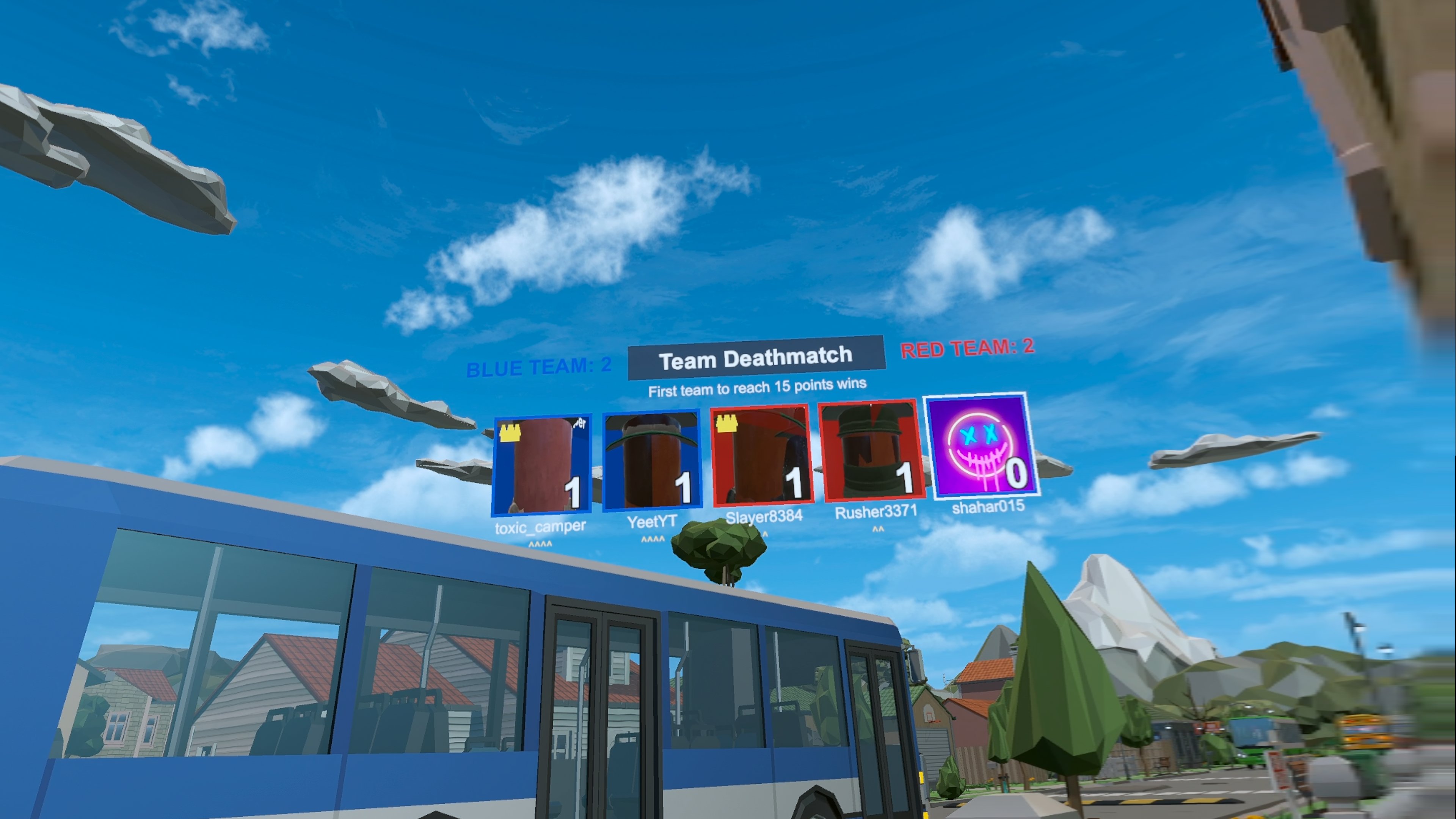 Team Deathmatch — blue vs red cards, team scores beside the title, points target underneath