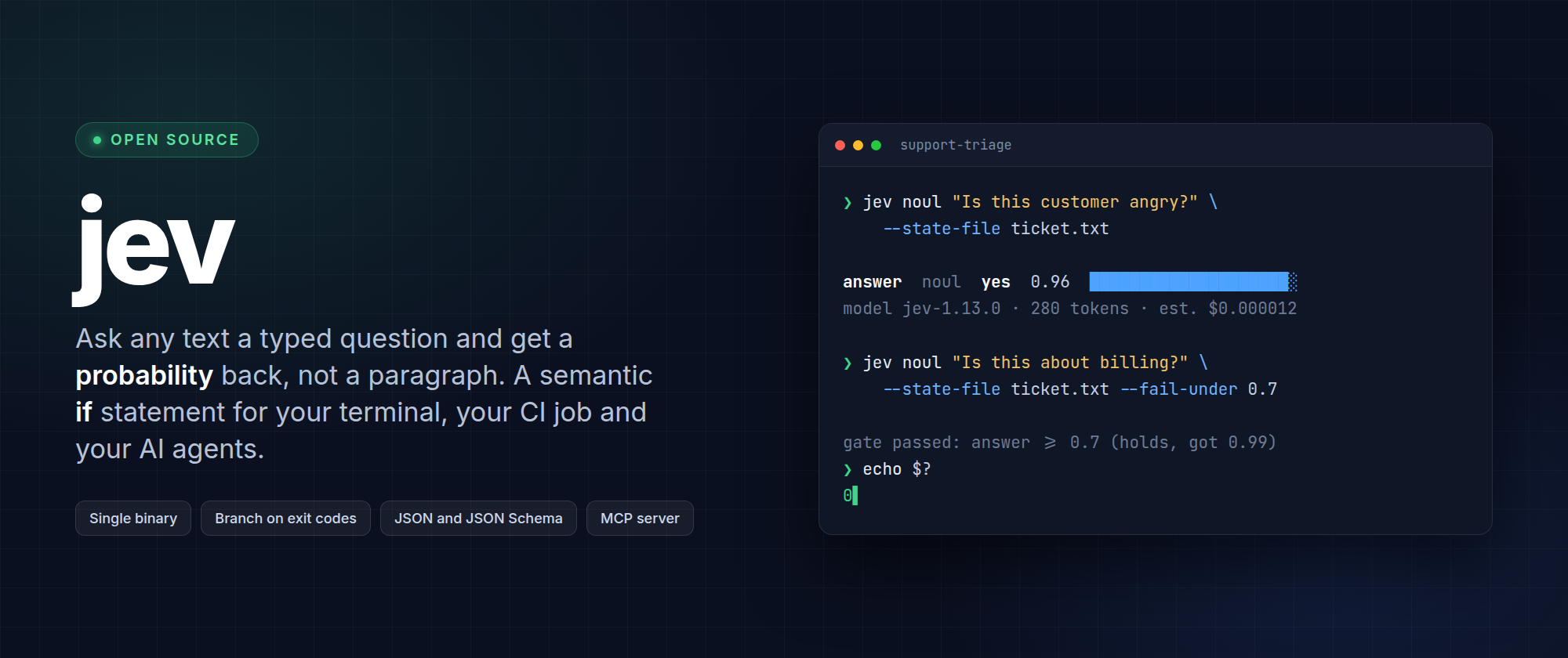 jev - ask typed questions about any text and get calibrated probabilities back, from your terminal, your CI job or your AI agent