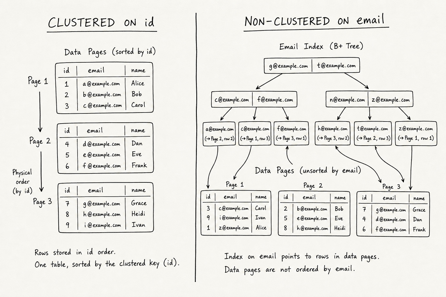 Clustered vs non-clustered index side by side