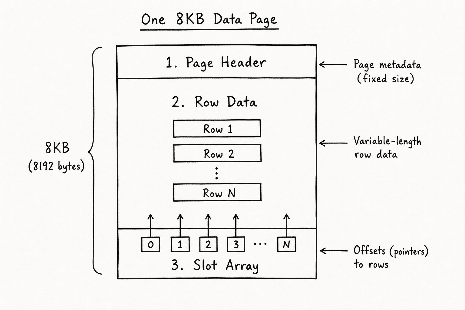 SQL Server data page anatomy: header, rows, offset array