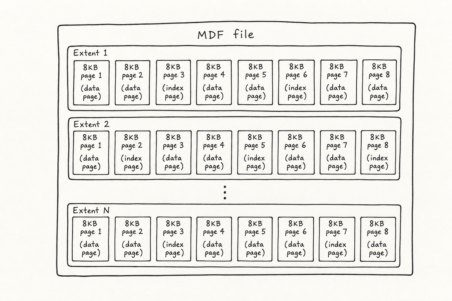 MDF file with extents containing data and index pages