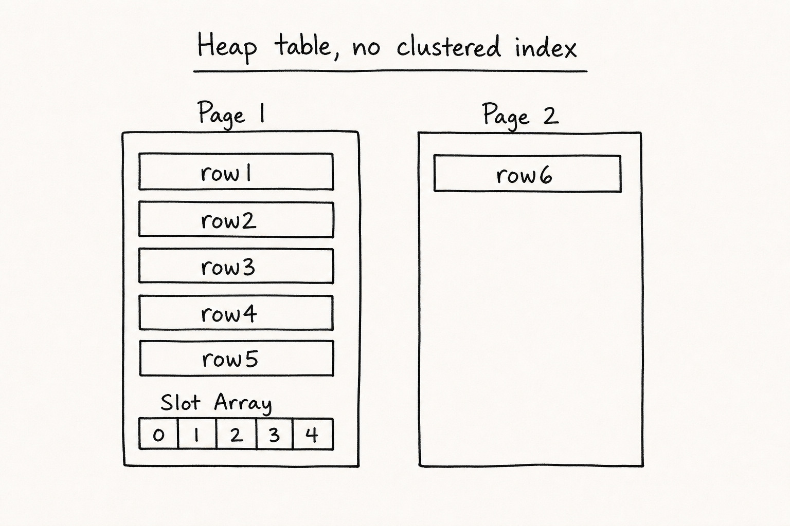 Heap table with unsorted rows across two data pages