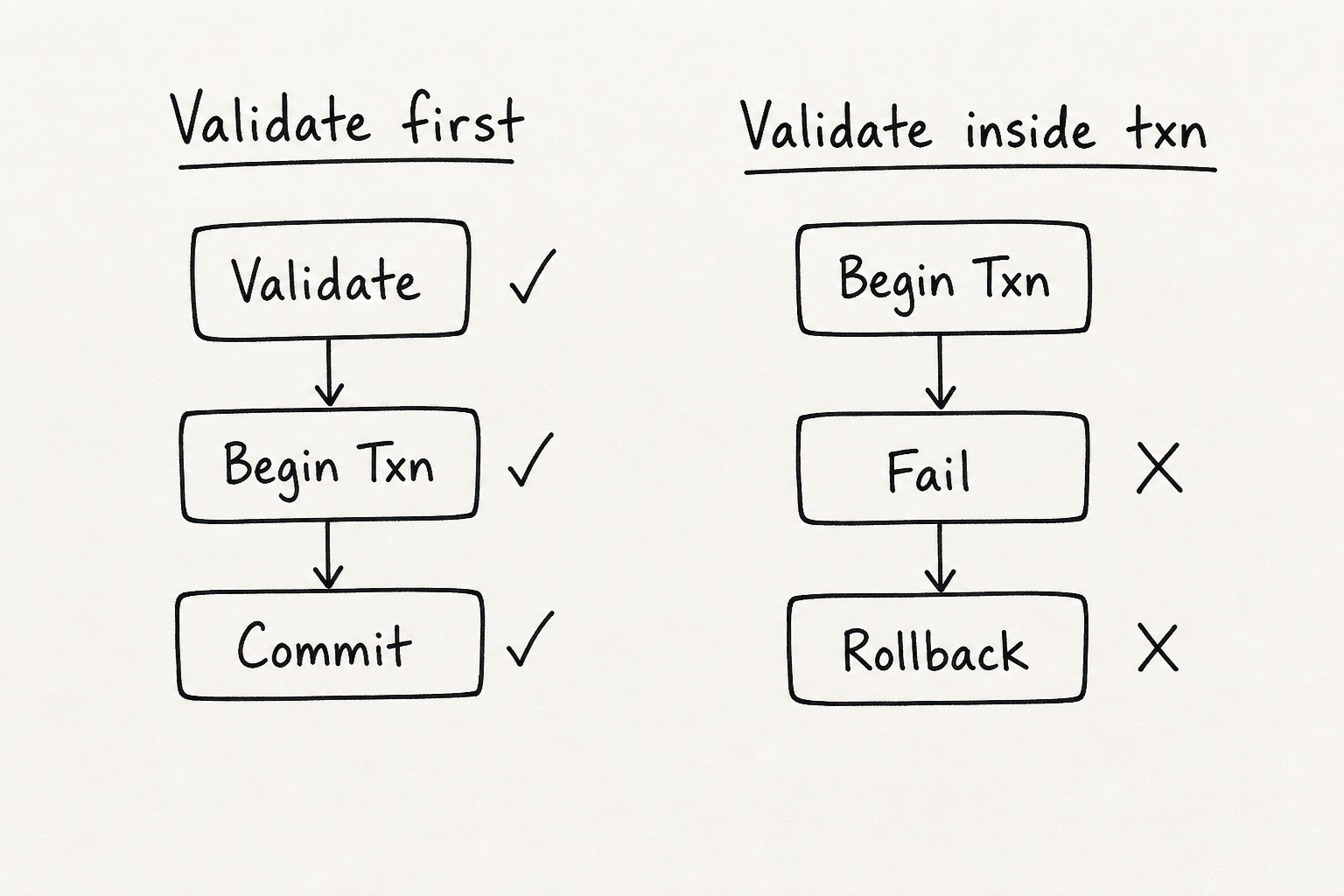 Validate before transaction vs rollback inside transaction