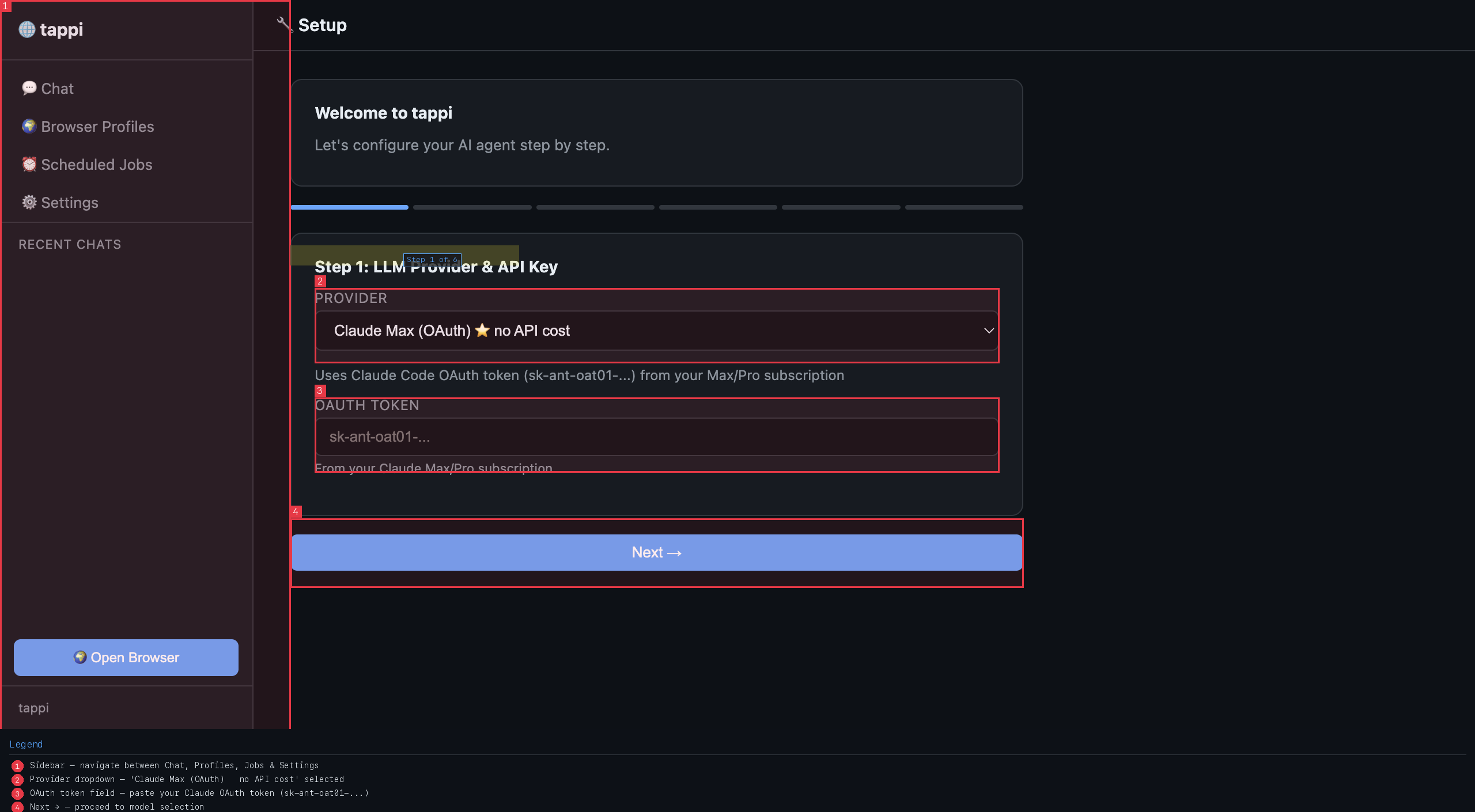 Claude Max OAuth selected — token field revealed